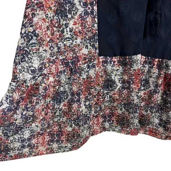 Kate & Sam Floral Blouse 2X Semi Sheer Tassles Navy Blue Red White Peplum Top - Picture 5 of 9